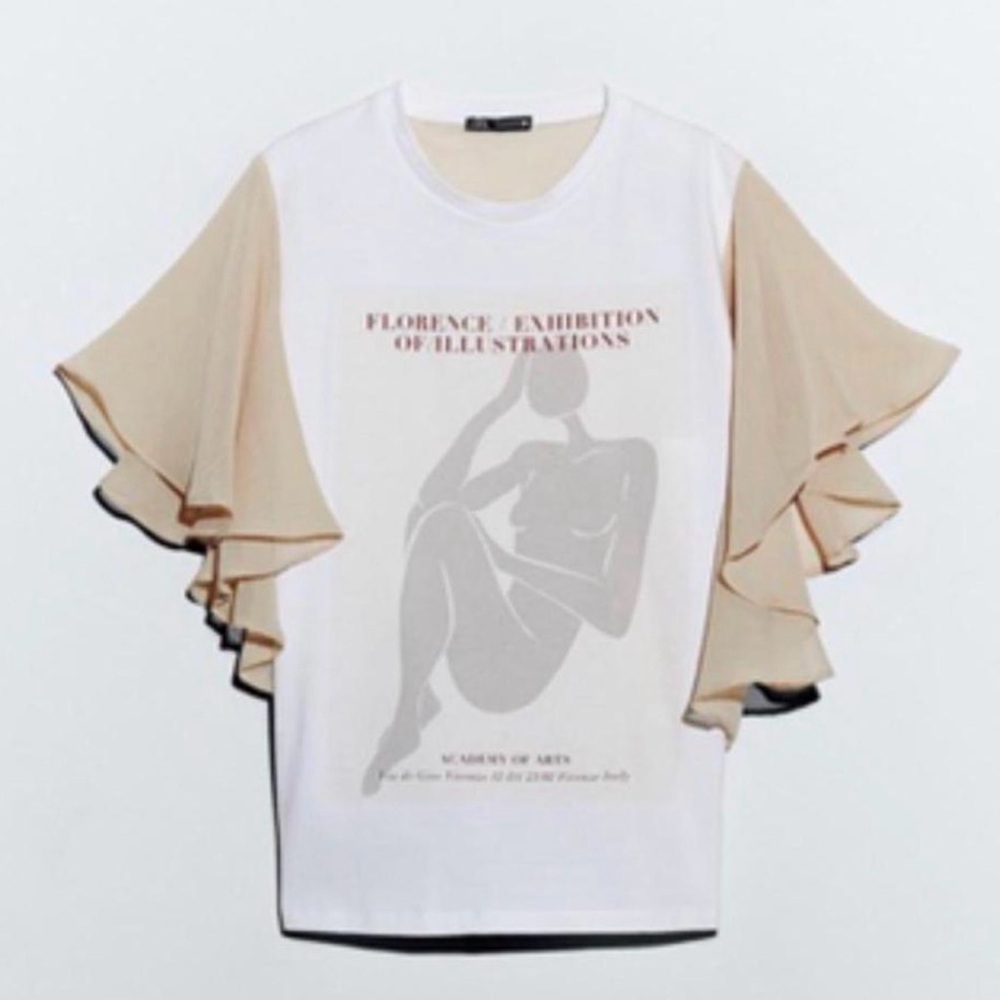 Zara White Tee with Beige Ruffle Flutter Sleeves